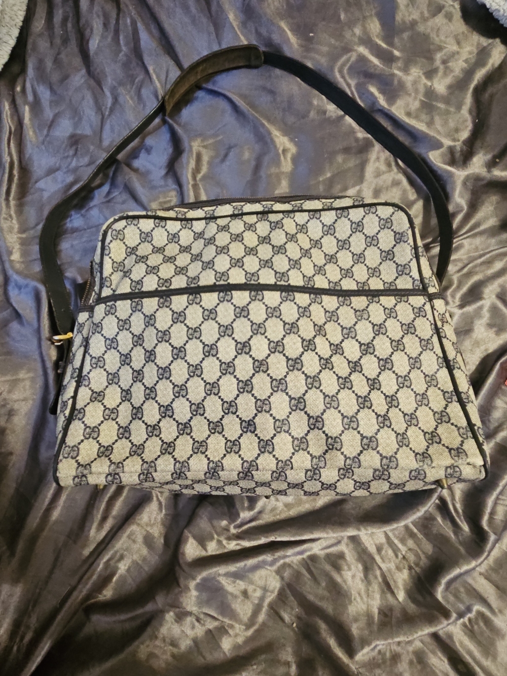 Vintage Gucci Beige and Navy Monogram Satchel
